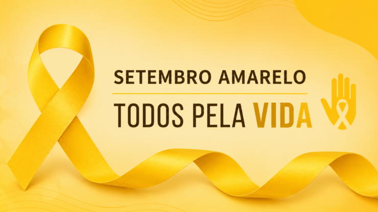 Banner do Setembro Amarelo com fundo amarelo, laço amarelo em relevo no lado esquerdo, texto "Setembro Amarelo, Todos pela Vida" e ícone de uma mão amarela com um laço vazado no centro.